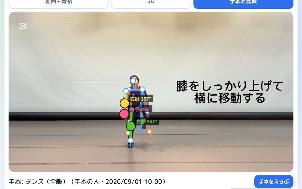自分の動きと手本の動きを重ねて表示しているところ